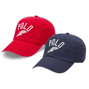 Two baseball caps, one red and one navy blue, each embroidered with the word \“POLO\“ and a winged shoe design.