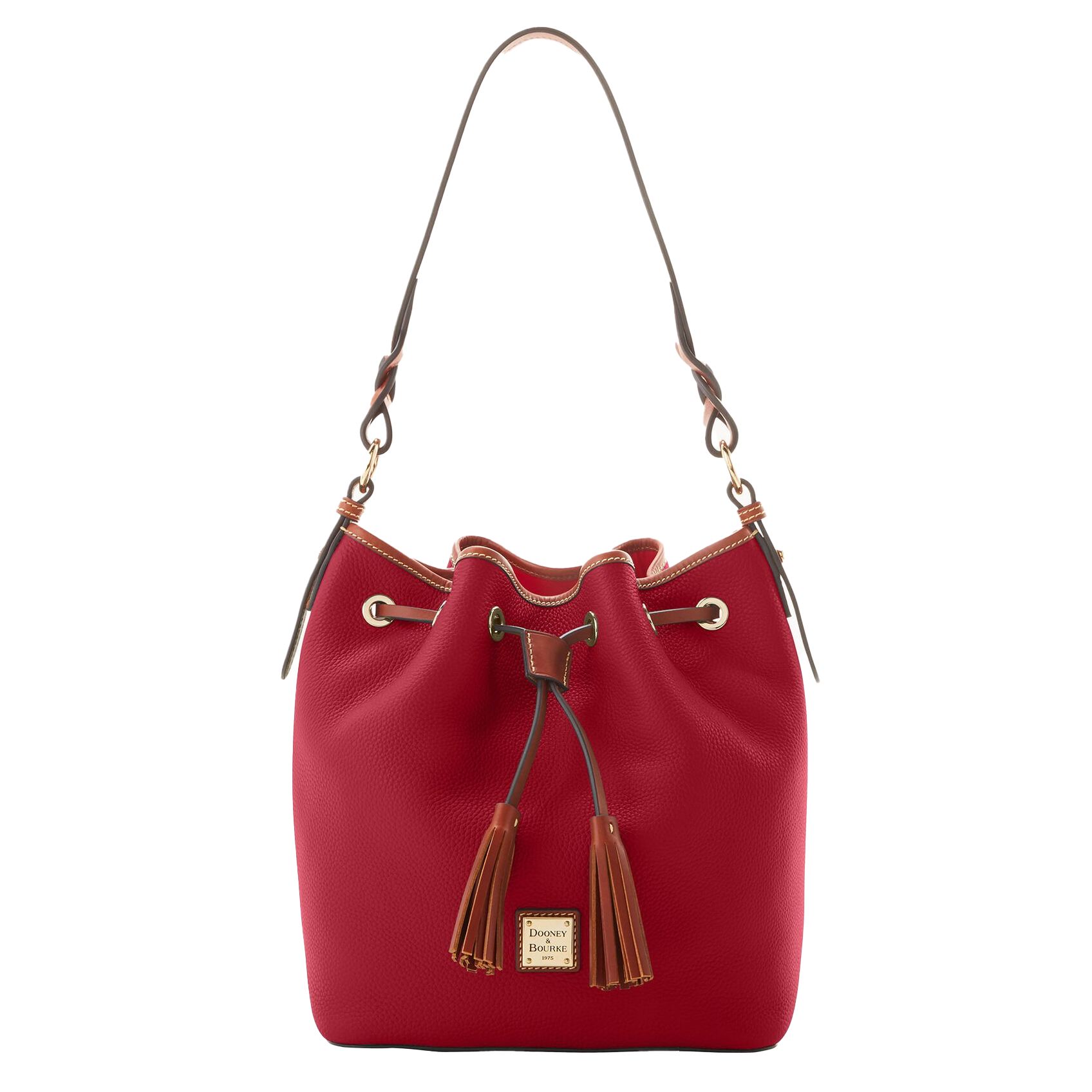 Red bucket bag with a drawstring closure, brown strap, and tassel details. Features a gold-tone logo plaque.