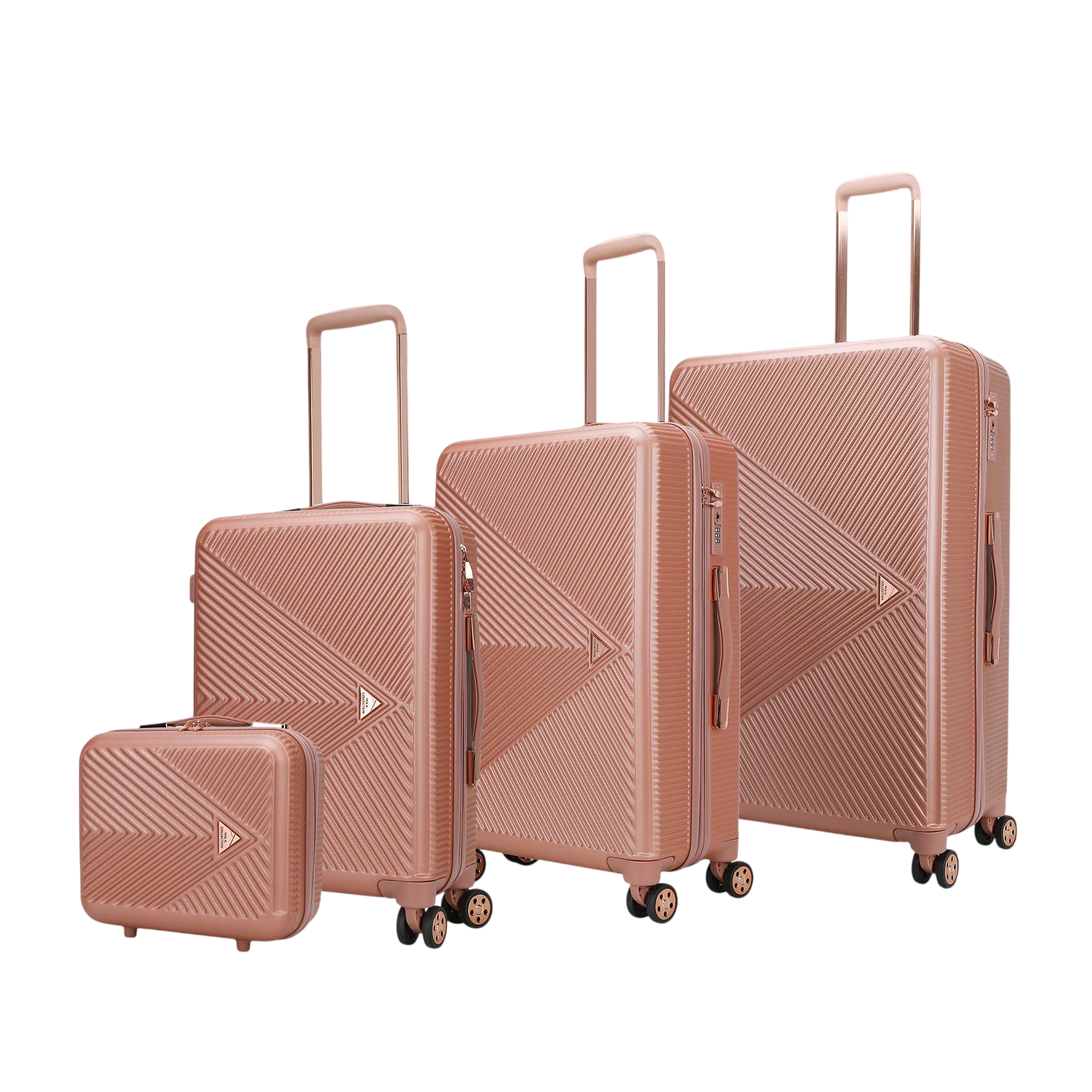 A set of four rose gold suitcases with textured patterns, featuring multi-directional wheels and telescopic handles.
