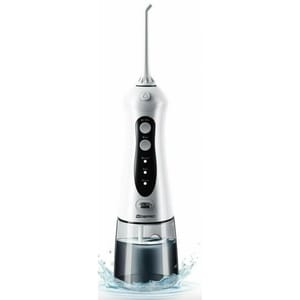 Cordless water flosser with a white body, featuring multiple buttons for on/off and mode selection (Normal, Soft, Pulse), a slim nozzle on top, and a water reservoir at the base.
