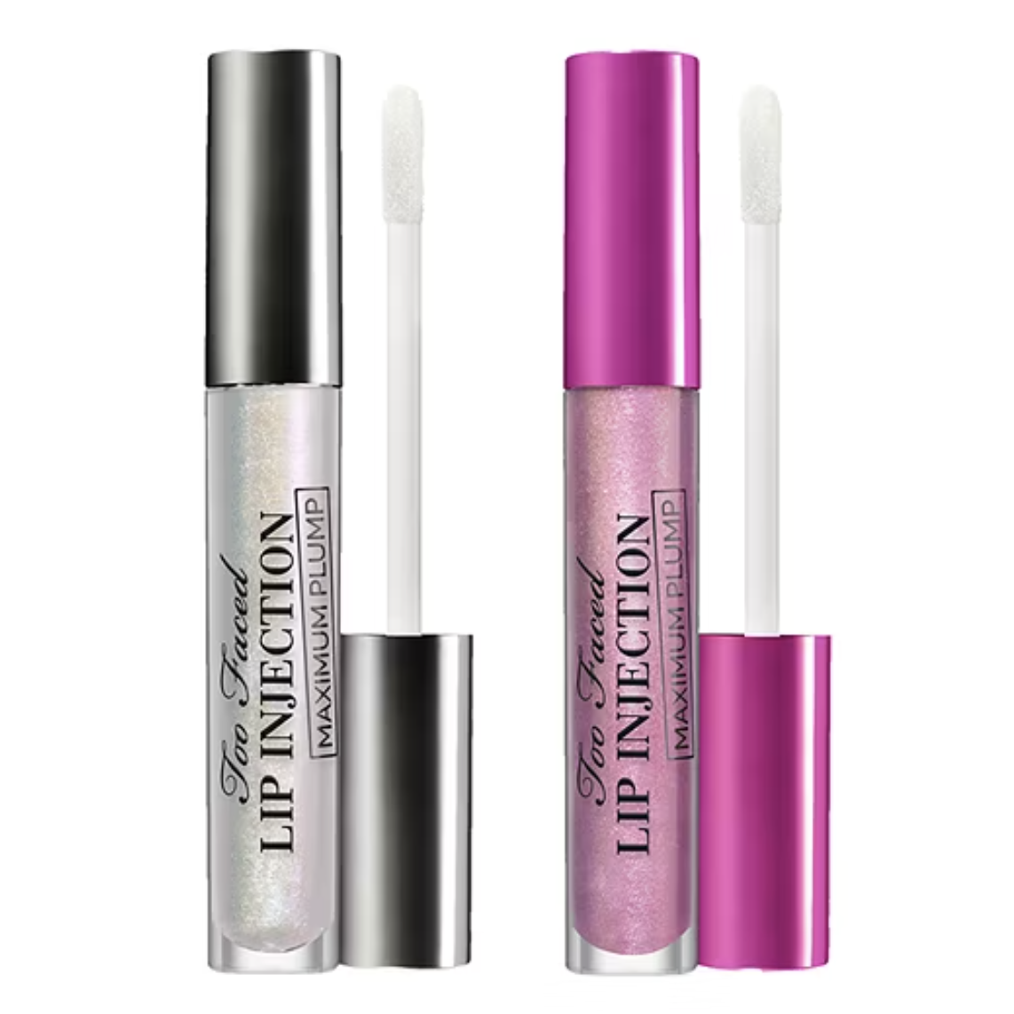 Two Too Faced Lip Injection Maximum Plump glosses, one with a silver cap and iridescent shimmer, the other with a pink cap and pink shimmer, both featuring a doe-foot applicator.