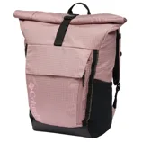 A pink roll-top backpack with a grid pattern, featuring a front pocket with a zipper, side slip pockets, and a top buckle closure. The backpack has black accents and adjustable shoulder straps.