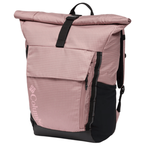 A pink roll-top backpack with a grid pattern, featuring a front pocket with a zipper, side slip pockets, and a top buckle closure. The backpack has black accents and adjustable shoulder straps.