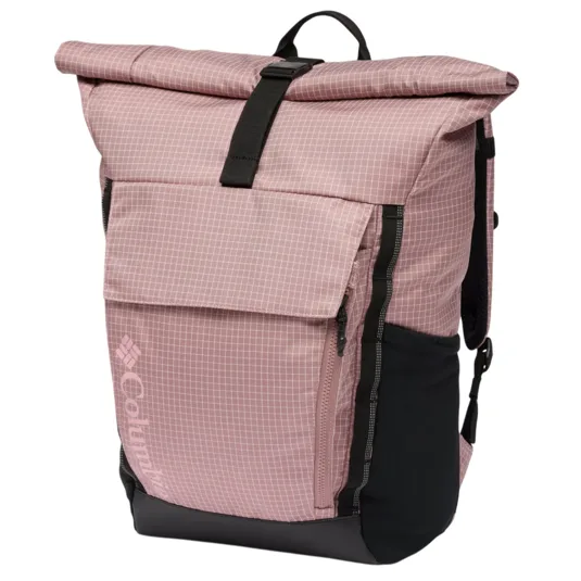 A pink roll-top backpack with a grid pattern, featuring a front pocket with a zipper, side slip pockets, and a top buckle closure. The backpack has black accents and adjustable shoulder straps.