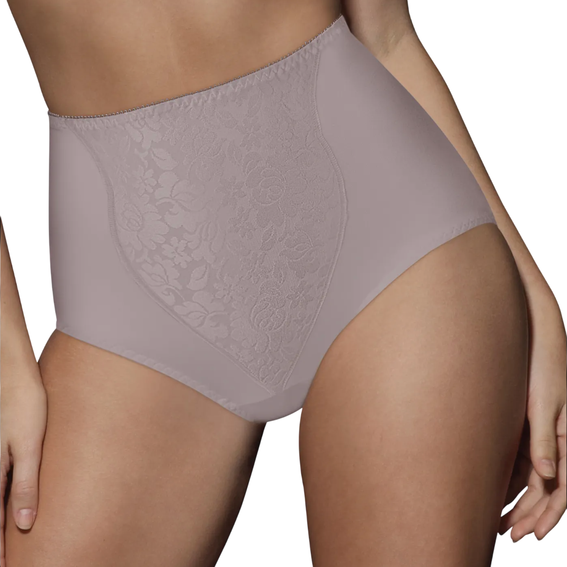 High-waisted shaping underwear in a neutral tone with floral detailing on the front panel.