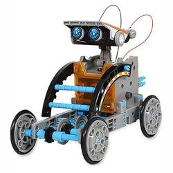 12-in-1 STEM Solar Robot Kit allows assembly of 12 different robot designs that move using solar power. It features various mechanical parts, wheels, and connectors, promoting creativity and learning about solar energy and engineering.