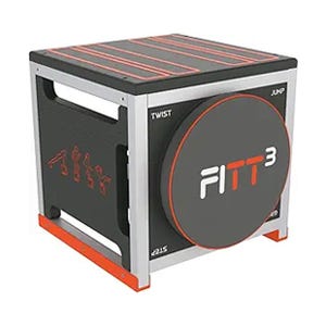 A multifunctional exercise cube labeled \“FITT3\“ with features for twisting, jumping, and exercising.