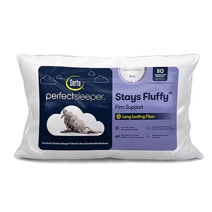 Serta PerfectSleeper pillow with firm support, featuring long-lasting fiber, ultra-soft cotton cover, and stain release treatment.
