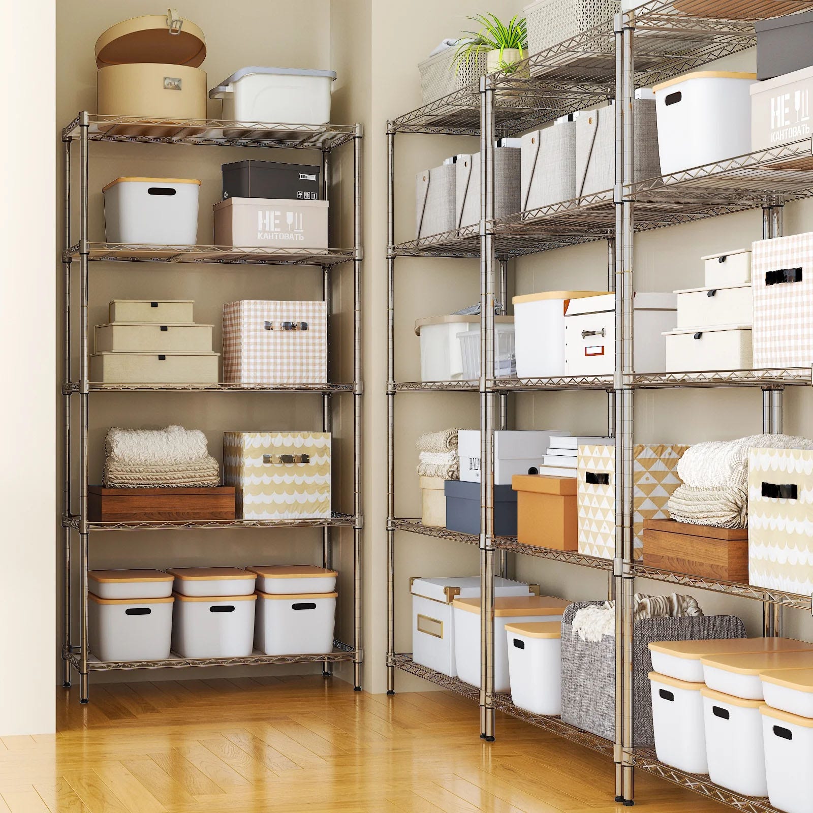 Metal shelving units with various boxes, baskets, and storage bins in assorted colors and patterns are organized on wooden flooring.