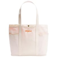 A white lululemon 20L Lunar New Year Tote Bag with orange logo lettering, featuring dual shoulder straps, a snap closure, and two outer pockets for additional storage.