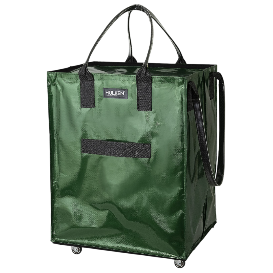 A green, wheeled shopping bag with handles and a shoulder strap, labeled \“Hulken,\“ designed for easy transport of groceries or other items.