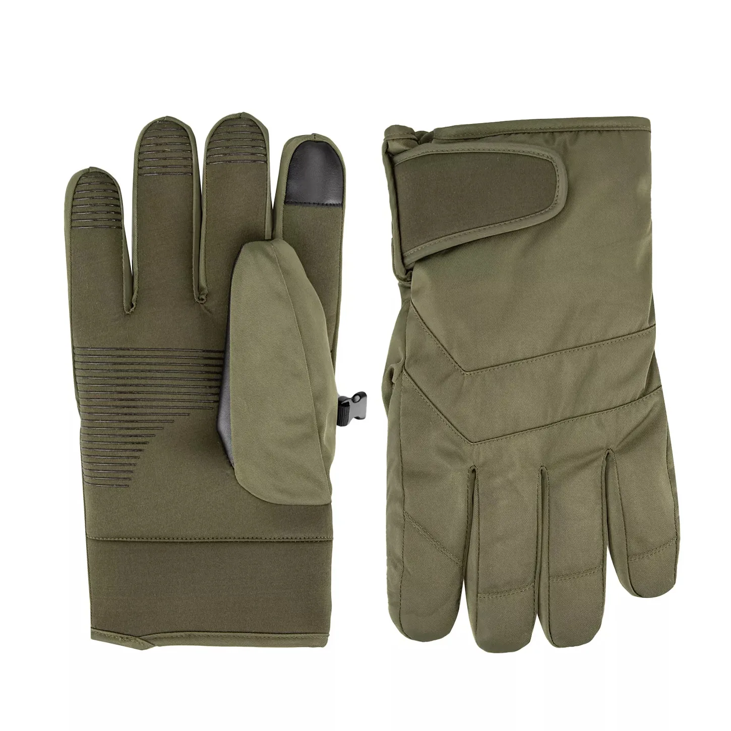 Olive green insulated gloves with touch screen-compatible fingertips, adjustable wrist straps, and textured grips on the palms and fingers.