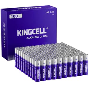 Pack of 100 KINGCELL Alkaline Ultra AA 1.5V batteries, arranged neatly in front of a purple box.