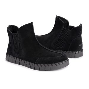 Black suede Chelsea booties with elastic side panels and a chunky, ridged rubber sole.