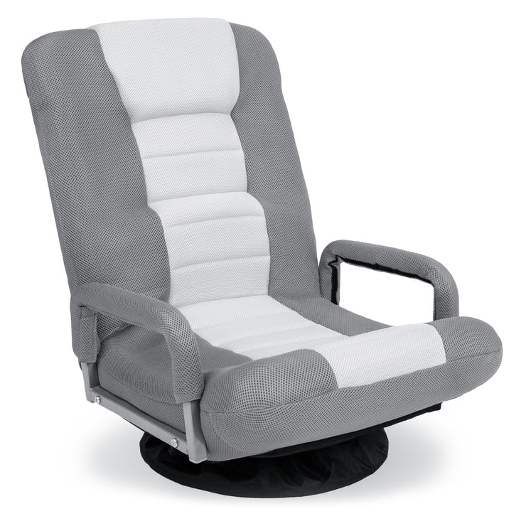 A gray and white gaming floor swivel chair with padded armrests and a cushioned backrest, designed for comfort and mobility on the floor with a circular base.