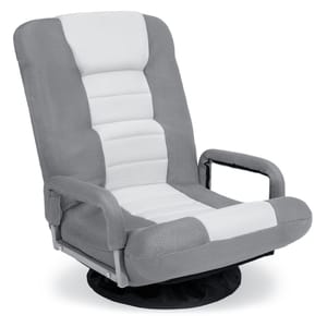 A gray and white gaming floor swivel chair with padded armrests and a cushioned backrest, designed for comfort and mobility on the floor with a circular base.