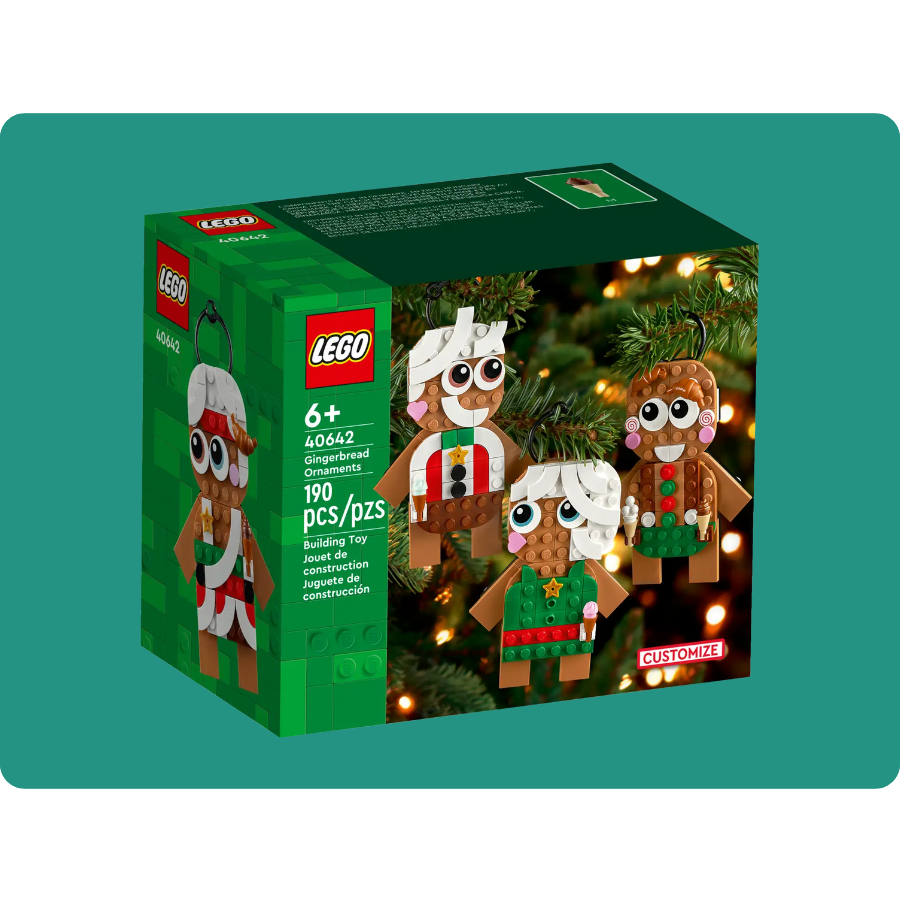 LEGO set 40642, Gingerbread Ornaments, includes 190 pieces. Suitable for ages 6 and up, the set features customizable gingerbread characters for festive decoration.