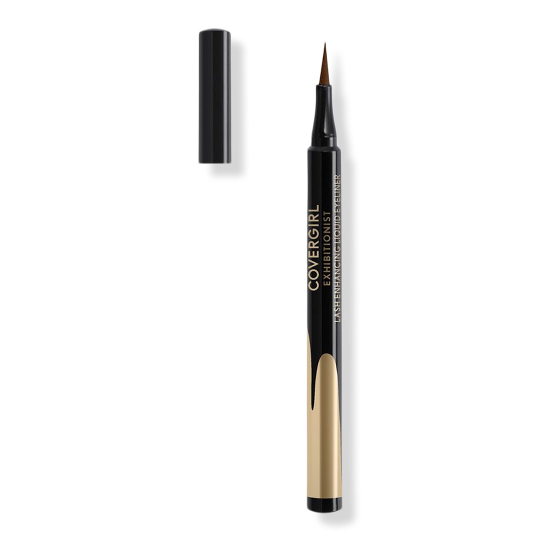 CoverGirl Exhibitionist Lash Enhancing Liquid Eyeliner in black with an open cap, showcasing a fine precision tip.