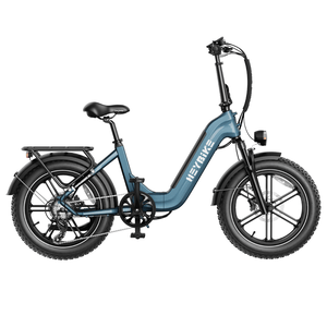A blue electric bicycle with fat tires and a step-through frame, featuring a rear cargo rack, front suspension, disc brakes, and an integrated headlight.