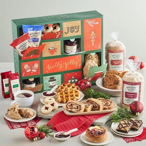 an advent set with muffins, jams, and a various pastries