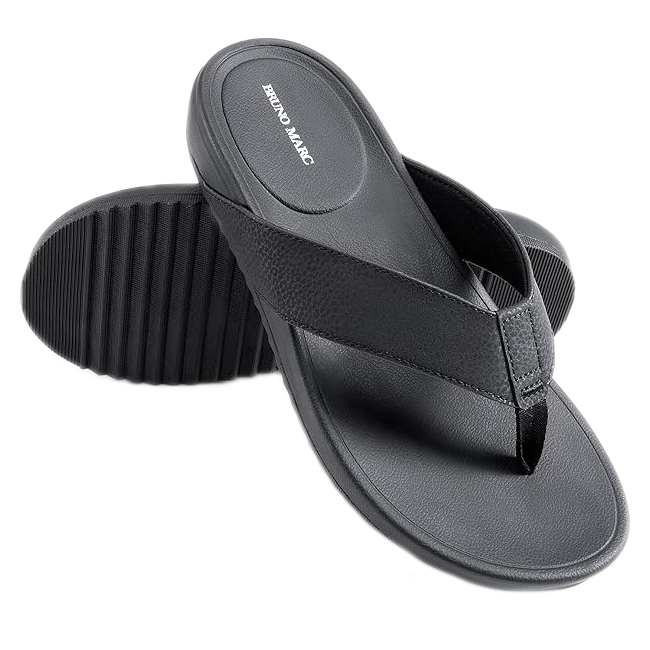 Bruno Marc Men's Thong Sandals feature a sleek black design with pebbled texture straps and a durable, ridged sole for grip. They offer a comfortable footbed ideal for casual wear.