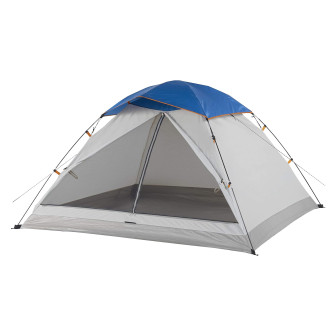 A dome-style camping tent with a blue top and gray sides, featuring an open front entrance and four corner stakes for stability.