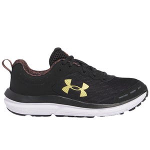 UA Women's Charged Assert 8 running shoe, featuring a black mesh upper with a yellow logo, cushioned midsole, and durable rubber outsole for comfort and stability.