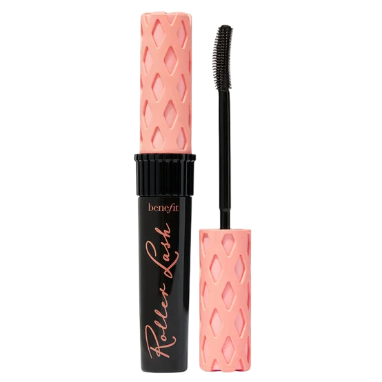 Benefit Roller Lash mascara with a curved wand and textured pink cap for curling and lifting lashes.