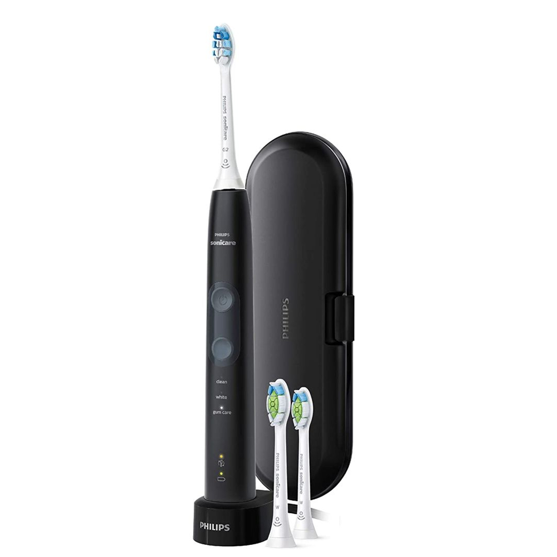 A Philips Sonicare electric toothbrush with a charging stand and travel case, plus two brush heads.