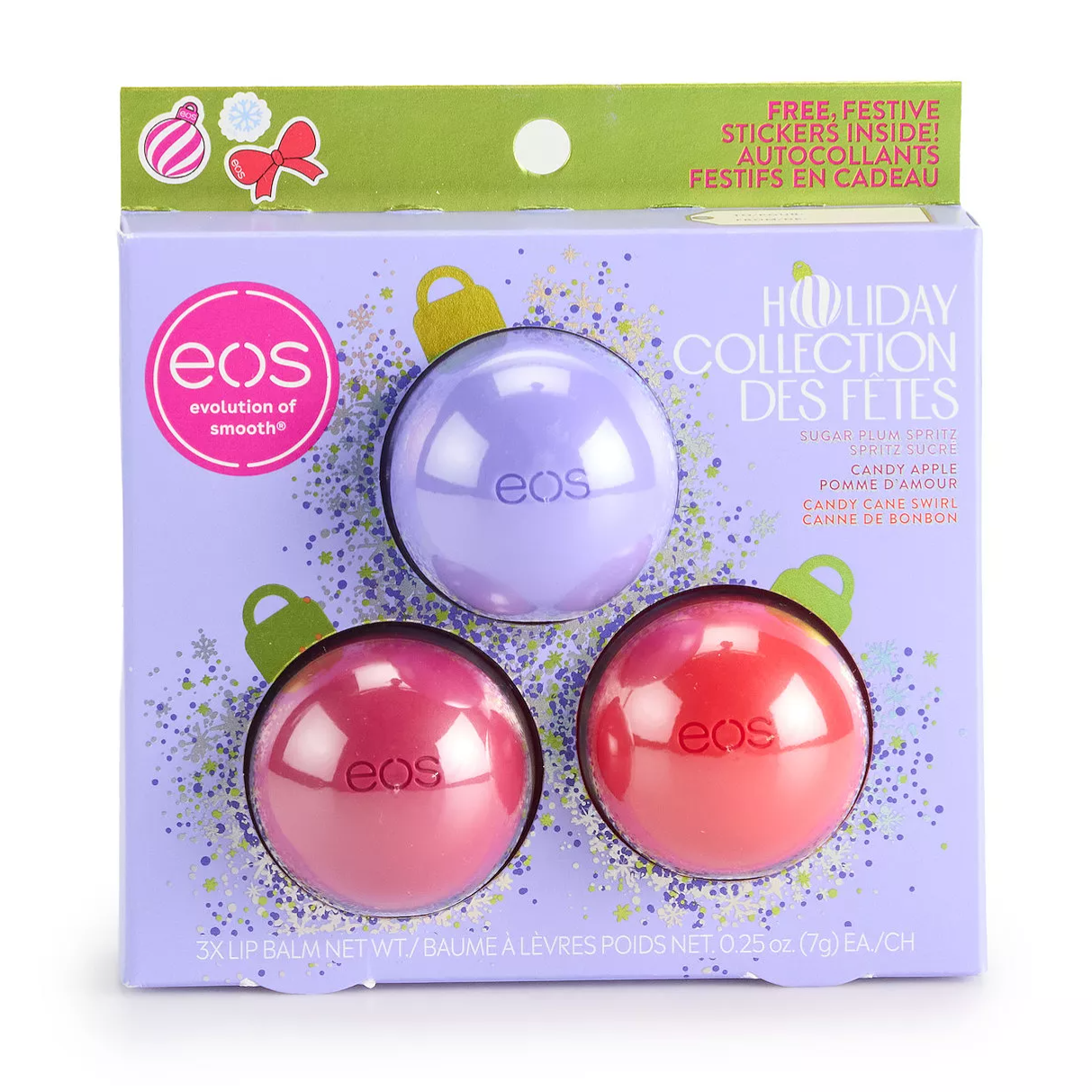 EOS Holiday Collection lip balm set featuring three flavors: Sugar Plum Spritz, Candy Apple, and Candy Cane Swirl. Includes festive stickers.