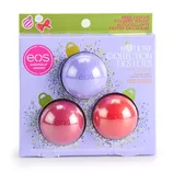 EOS Holiday Collection lip balm set featuring three flavors: Sugar Plum Spritz, Candy Apple, and Candy Cane Swirl. Includes festive stickers.