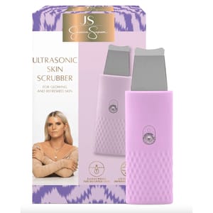 Jessica Simpson's Ultrasonic Skin Scrubber is displayed, featuring two scrubber devices in pink and gray, designed for cleansing pores and improving skin texture.