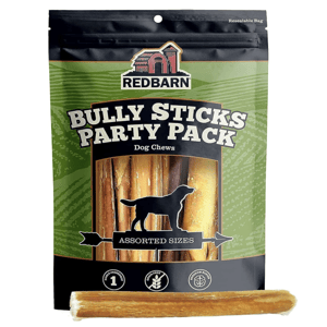 Redbarn Bully Sticks Party Pack, dog chews in assorted sizes, resealable bag, grain-free, made for boredom busting and single-ingredient use.