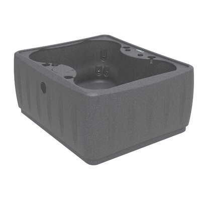 A square, 4-person hot tub with built-in waterfall feature and side controls, rendered in a neutral gray tone.