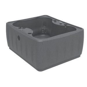 A square, 4-person hot tub with built-in waterfall feature and side controls, rendered in a neutral gray tone.