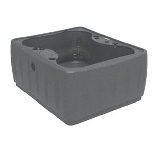 A square, 4-person hot tub with built-in waterfall feature and side controls, rendered in a neutral gray tone.