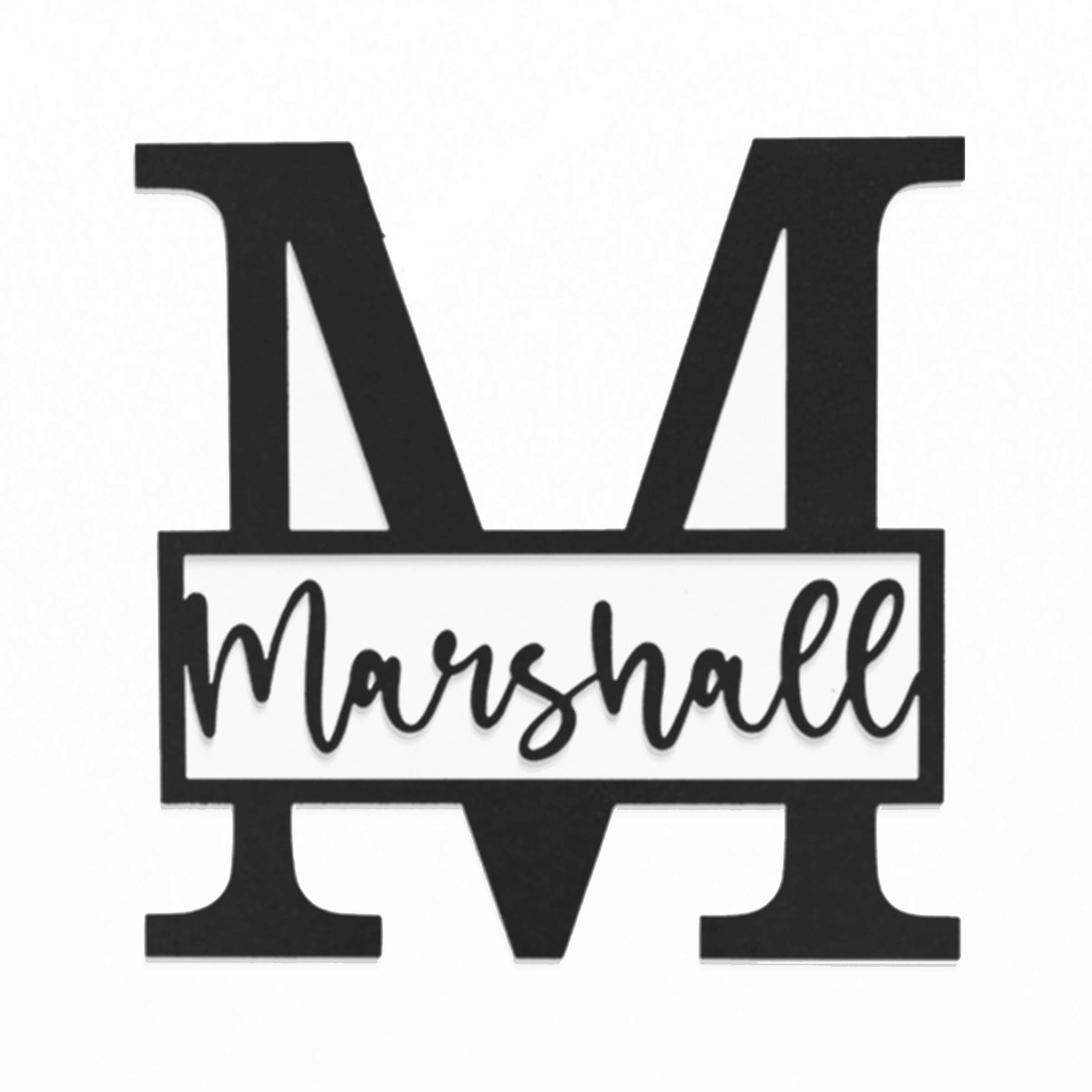 A 12-inch personalized metal name sign featuring a large black letter \“M\“ with the name \“Marshall\“ elegantly scripted across the center in a cutout style.