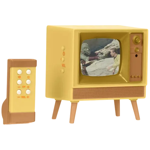 A miniature retro-style yellow TV with a remote, displaying a scene from an old show.