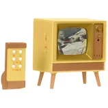 A miniature retro-style yellow TV with a remote, displaying a scene from an old show.