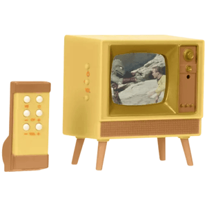 A miniature retro-style yellow TV with a remote, displaying a scene from an old show.