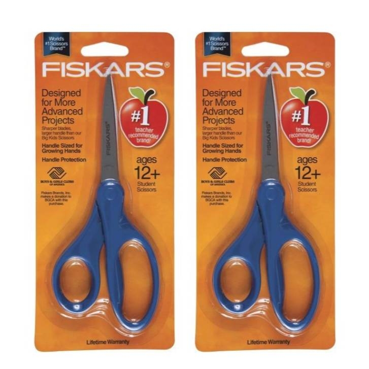 Two packages of Fiskars scissors for ages 12 and up, designed for advanced projects with handle protection.