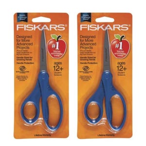 Two packages of Fiskars scissors for ages 12 and up, designed for advanced projects with handle protection.