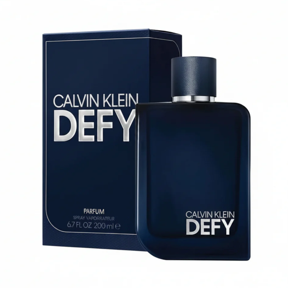 Calvin Klein Defy perfume, 200 ml bottle with matching packaging, featuring a sleek dark blue design.