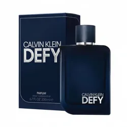 Calvin Klein Defy perfume, 200 ml bottle with matching packaging, featuring a sleek dark blue design.