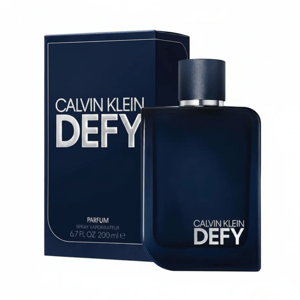 Calvin Klein Defy perfume, 200 ml bottle with matching packaging, featuring a sleek dark blue design.