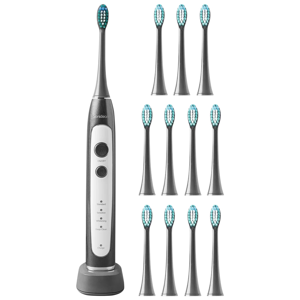 Electric toothbrush shown with 12 replacement brush heads, features a slim design with control buttons for modes like Standard, Sensitive, Whitening, and Deep Clean, alongside a charger base.