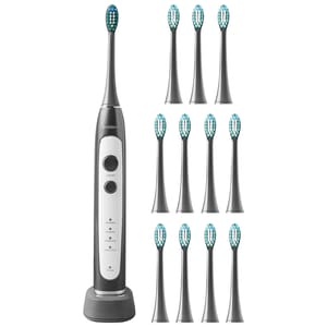 Electric toothbrush shown with 12 replacement brush heads, features a slim design with control buttons for modes like Standard, Sensitive, Whitening, and Deep Clean, alongside a charger base.
