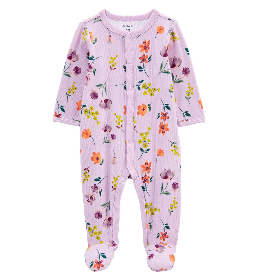 A lavender footed onesie with a floral print, long sleeves, and snap closures running down the front.