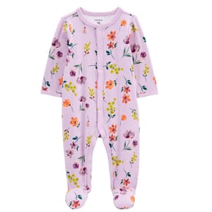 A lavender footed onesie with a floral print, long sleeves, and snap closures running down the front.