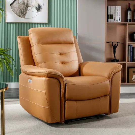 A tan leather recliner chair with plush cushioning, set in a living room with a bookshelf and a plant.